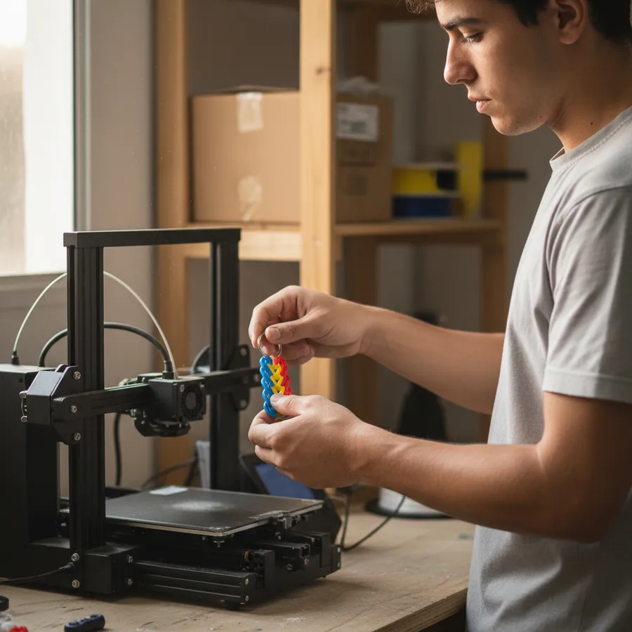Criador retirando um chaveiro colorido de uma impressora 3D na bancada do ateliê