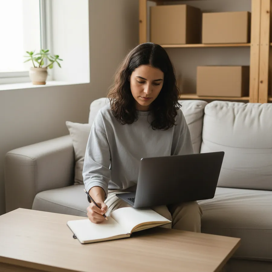 Criadora de conteúdo trabalhando no notebook no sofá de casa, com um caderno ao lado