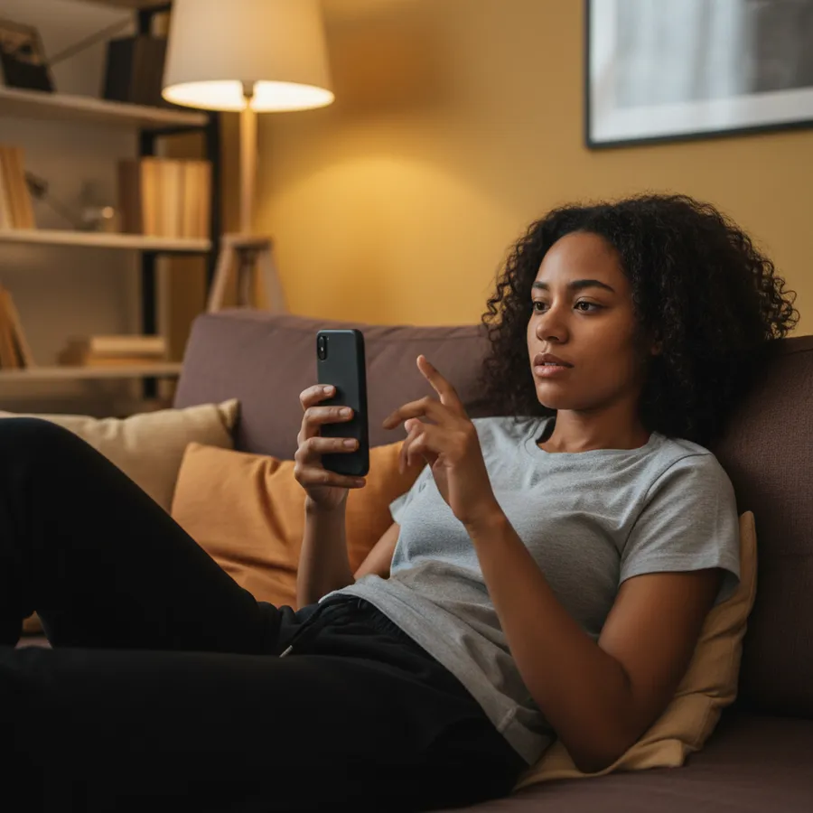 Cliente deitada no sofá de casa à noite, assistindo a uma transmissão no celular com o dedo prestes a tocar na tela