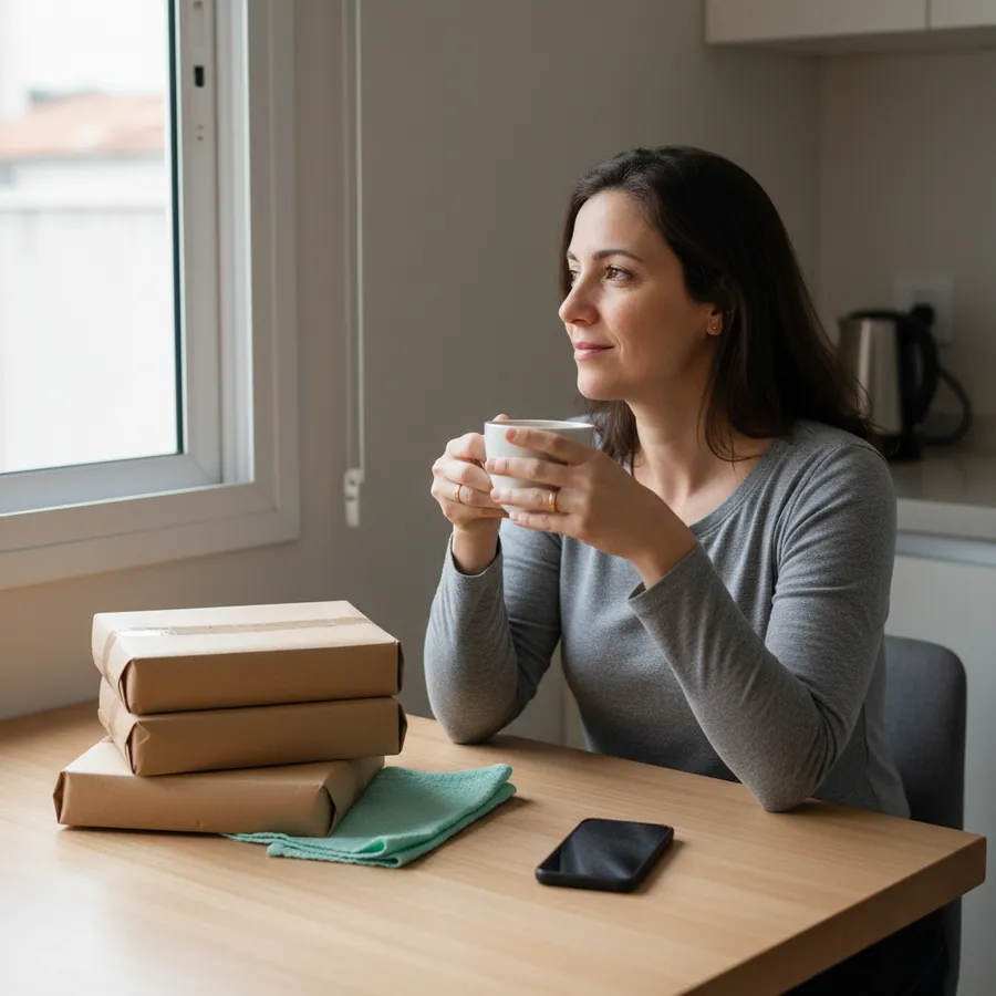 Lojista tomando café na cozinha de casa, olhando pela janela, com os pedidos do dia já embalados sobre a mesa e o celular de tela para baixo