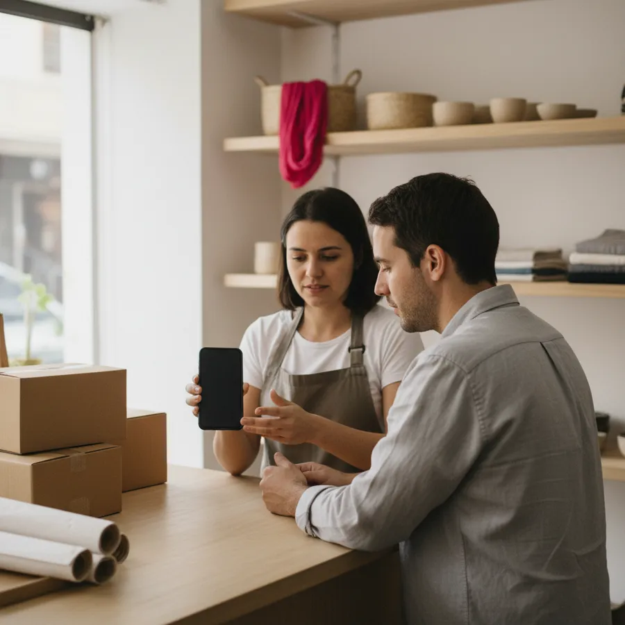 Vendedora mostrando o celular a uma cliente no balcão depois de uma compra