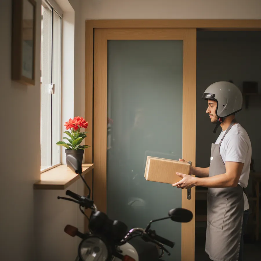 Entregador de moto recebendo um pacote na porta de uma loja de bairro