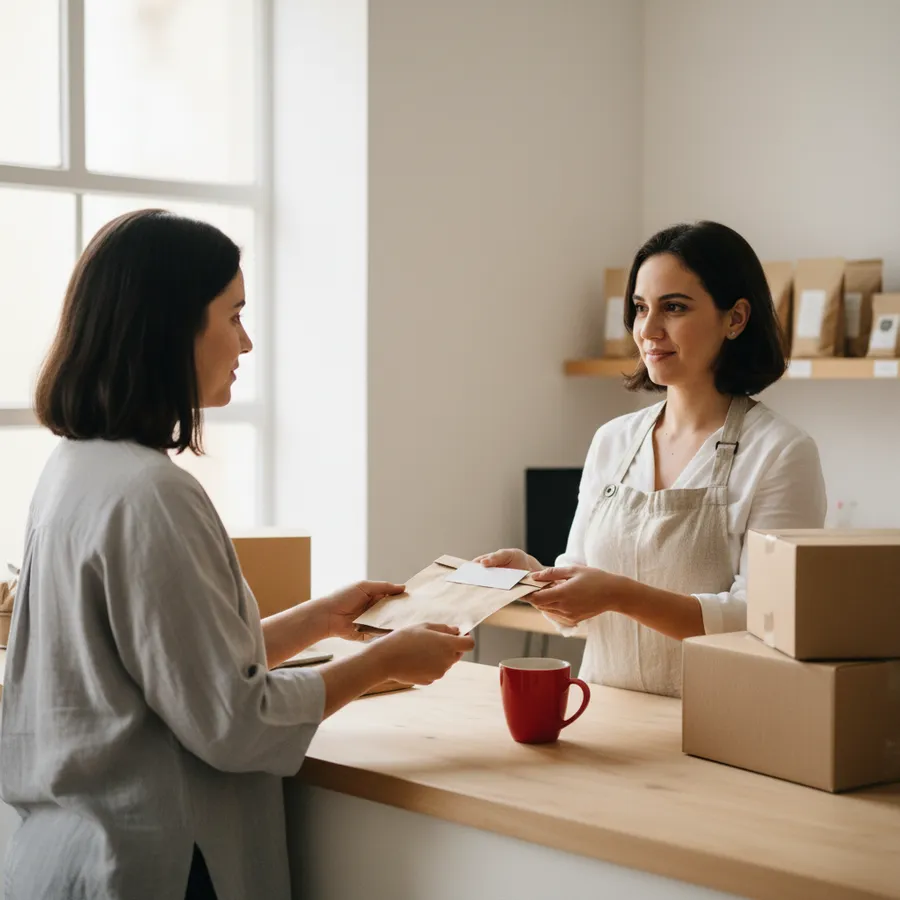 Lojista no balcão entregando um pacote e um cartão de fidelidade para uma cliente