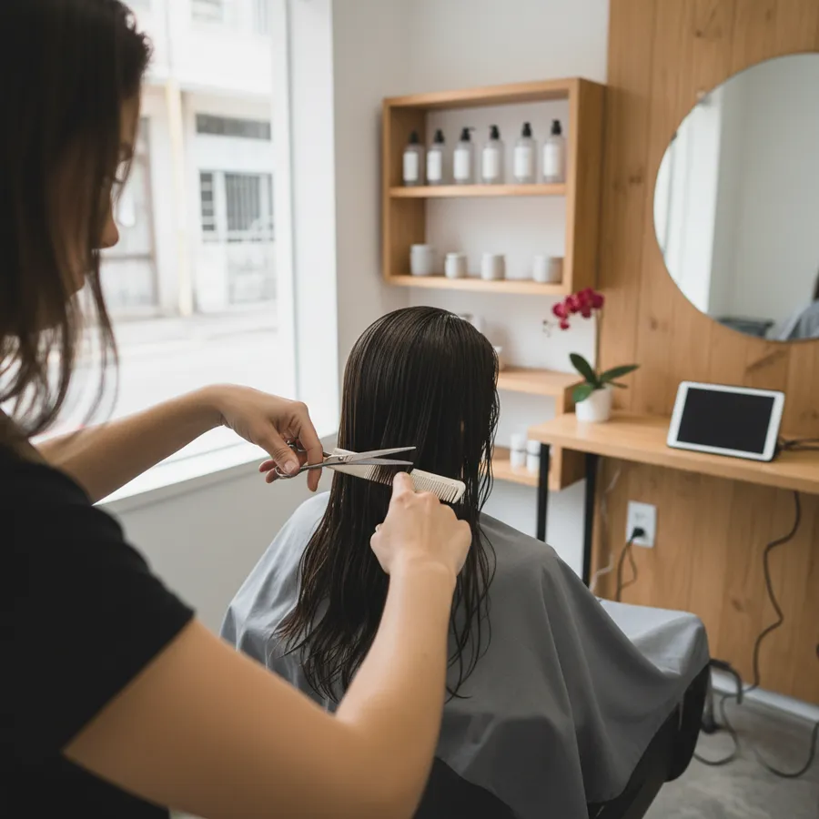 Cabeleireira cortando com tesoura e pente o cabelo molhado de uma cliente de capa cinza, num espaço pequeno com prateleira de produtos, espelho redondo e um tablet na bancada