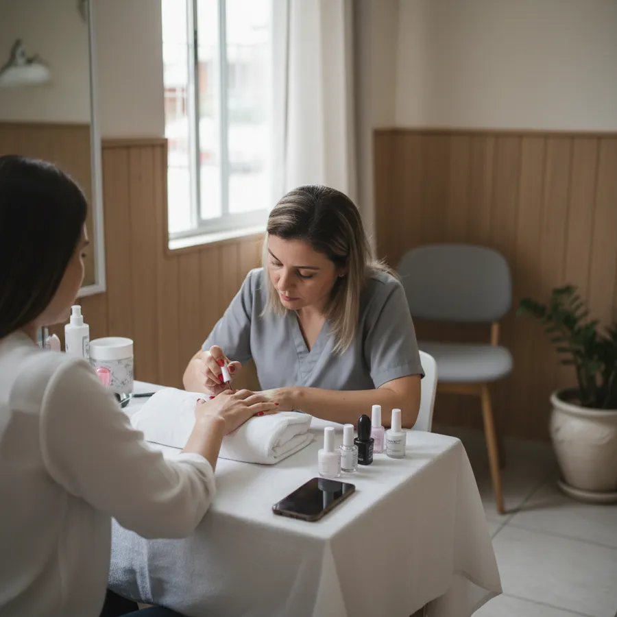 Manicure de uniforme cinza pintando as unhas de vermelho de uma cliente numa mesa com toalha branca, vidros de esmalte e um celular, numa sala com parede de madeira