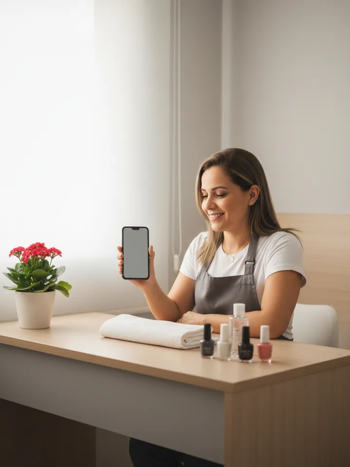 Manicure no estúdio olhando o celular entre um atendimento e outro