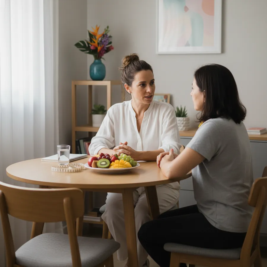 Nutricionista conversando com uma paciente numa mesa redonda de madeira, com um prato de frutas, um copo de água, uma fita métrica e um caderno sobre a mesa