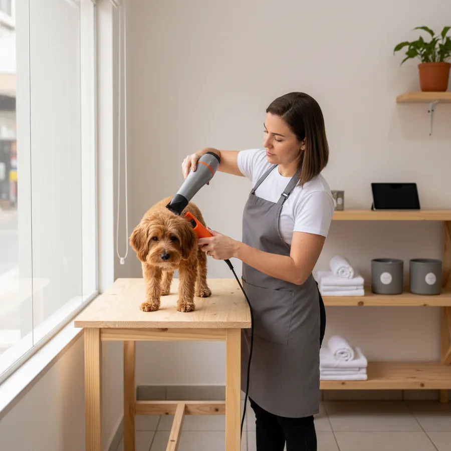 Banhista de avental secando um cachorro de pelo caramelo encaracolado sobre a mesa de madeira do pet shop, com toalhas dobradas na prateleira