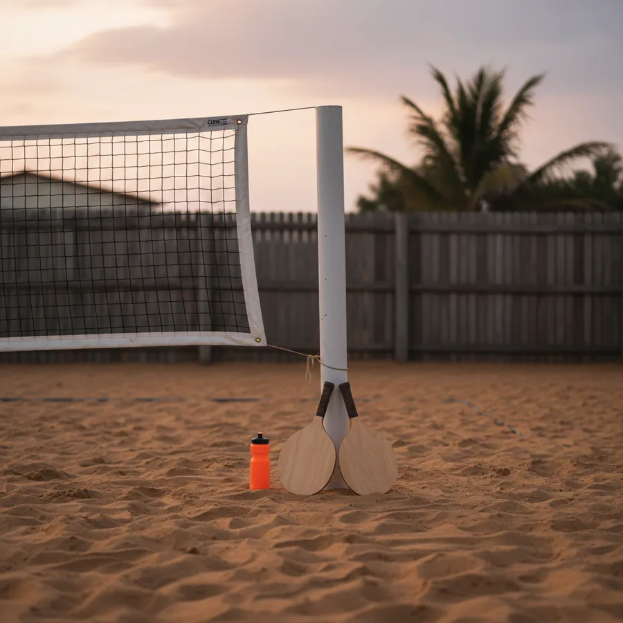 Quadra de areia ao entardecer com a rede armada, duas raquetes de madeira encostadas no poste e uma garrafa de água laranja