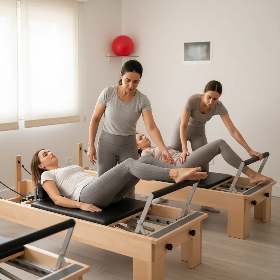 Duas instrutoras corrigindo a postura de duas alunas deitadas em reformers de madeira, numa sala clara de studio de pilates com uma bola vermelha na parede