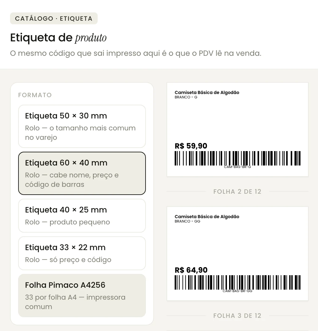 Tela de etiqueta de produto da Sellit com o formato 60 × 40 mm escolhido e a prévia da etiqueta: nome do produto, variação, preço e o código de barras do SKU
